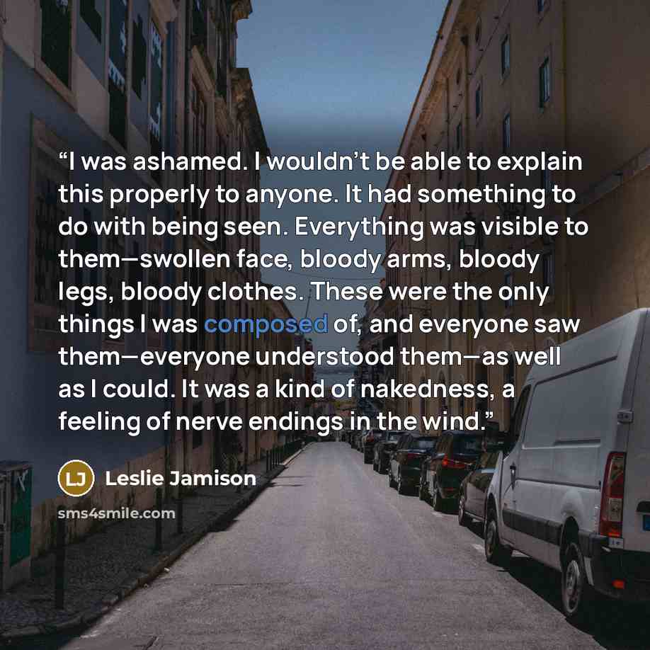 “I was ashamed. I wouldn’t be able to explain this properly to anyone. It had something to do with being seen. Everything was visible to them—swollen face, bloody arms, bloody legs, bloody clothes. These were the only things I was composed of, and everyone saw them—everyone understood them—as well…” quote by Leslie Jamison