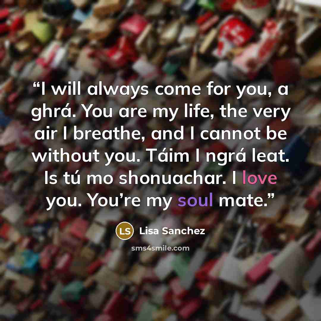 “I will always come for you, a ghrá. You are my life, the very air I breathe, and I cannot be without you. Táim I ngrá leat. Is tú mo shonuachar. I love you. You’re my soul mate.” quote by Lisa Sanchez