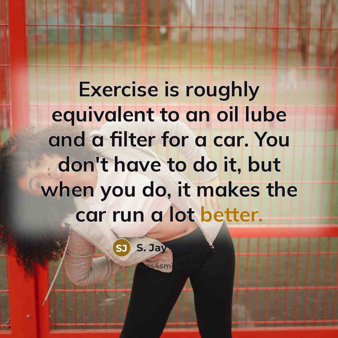 “Exercise is roughly equivalent to an oil lube and a filter for a car. You don't have to do it, but when you do, it makes the car run a lot better.” quote by S. Jay Olshansky