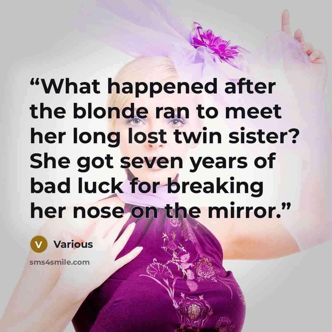 “What happened after the blonde ran to meet her long lost twin sister? She got seven years of bad luck for breaking her nose on the mirror.” quote by Various