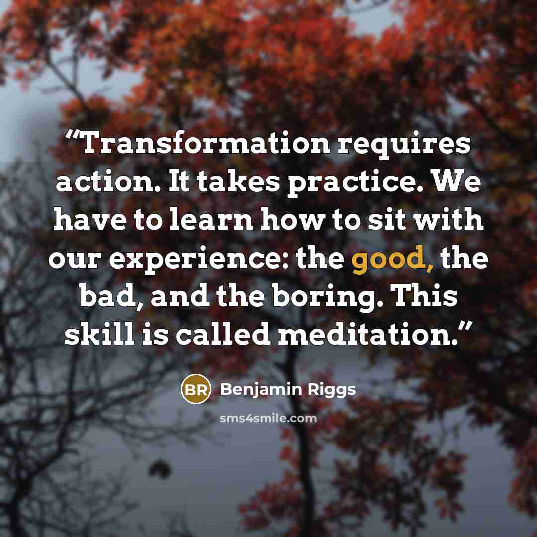“Transformation requires action. It takes practice. We have to learn how to sit with our experience: the good, the bad, and the boring. This skill is called meditation.” quote by Benjamin Riggs