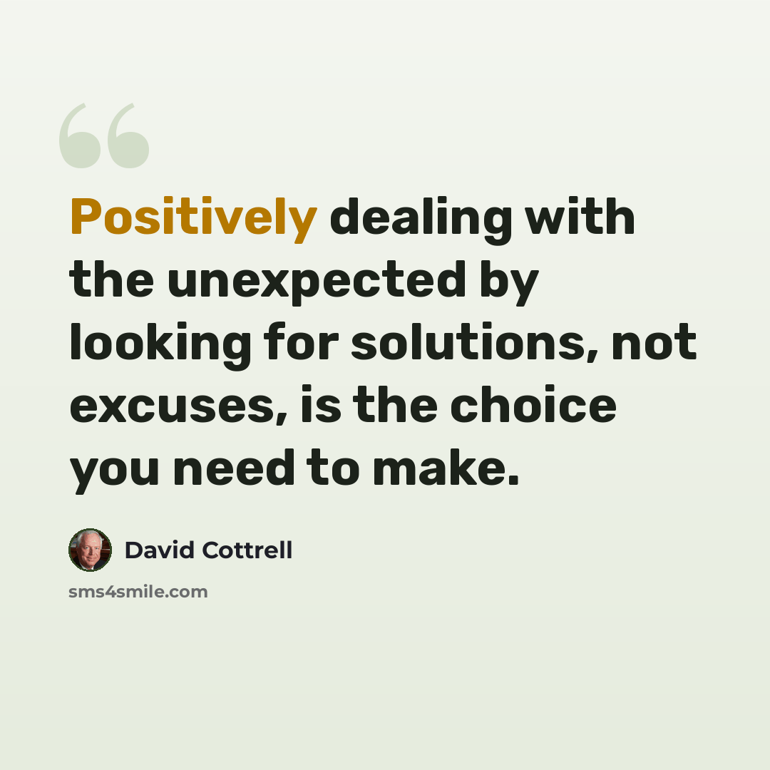 “Positively dealing with the unexpected by looking for solutions, not excuses, is the choice you need to make.” quote by David Cottrell