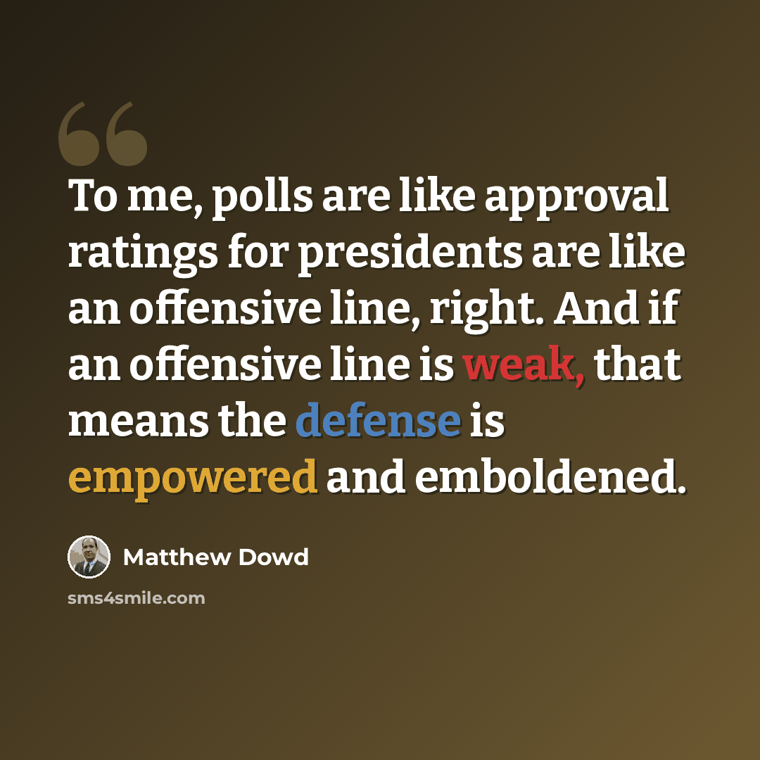 “To me, polls are like approval ratings for presidents are like an offensive line, right. And if an offensive line is weak, that means the defense is empowered and emboldened.” quote by Matthew Dowd