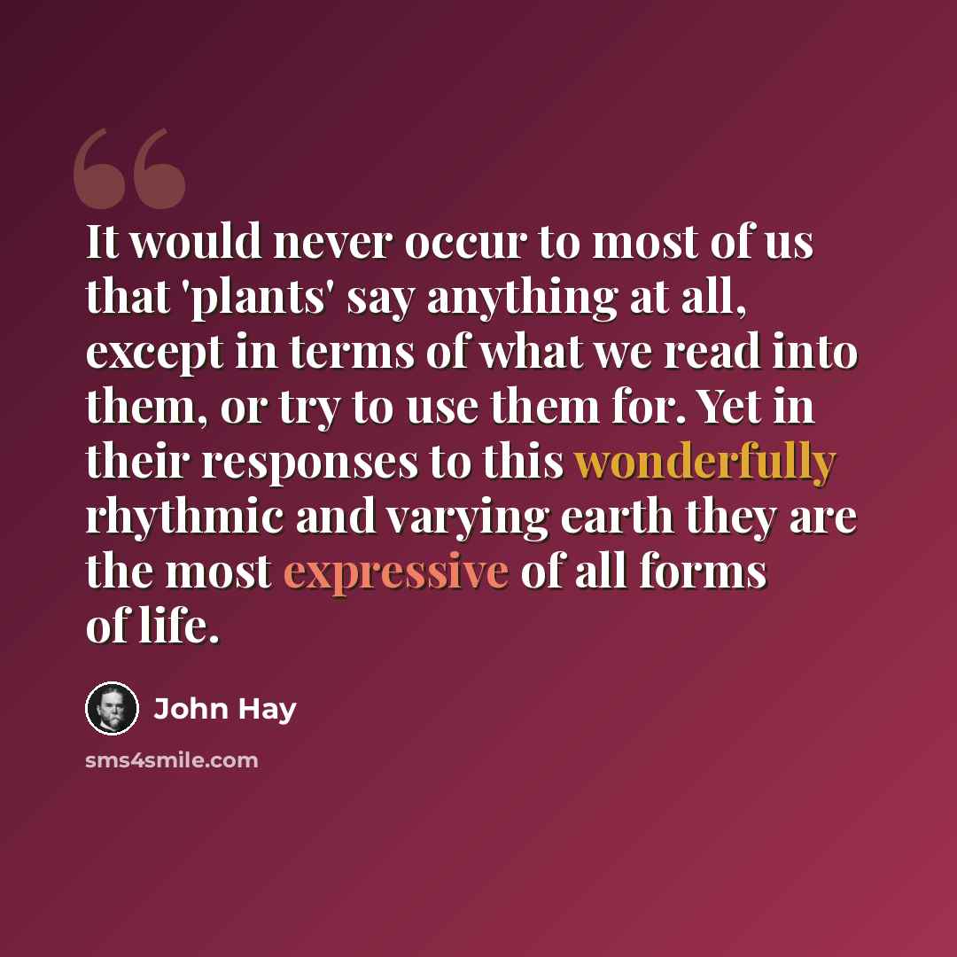 “It would never occur to most of us that 'plants' say anything at all, except in terms of what we read into them, or try to use them for. Yet in their responses to this wonderfully rhythmic and varying earth they are the most expressive of all forms of life.” quote by John Hay