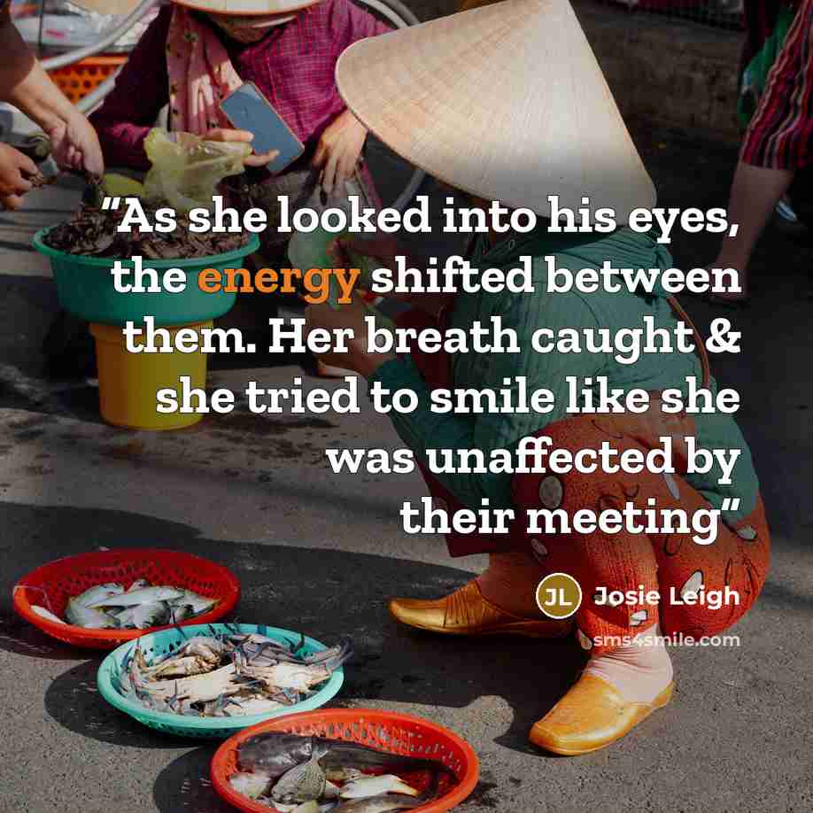 “As she looked into his eyes, the energy shifted between them. Her breath caught & she tried to smile like she was unaffected by their meeting” quote by Josie Leigh