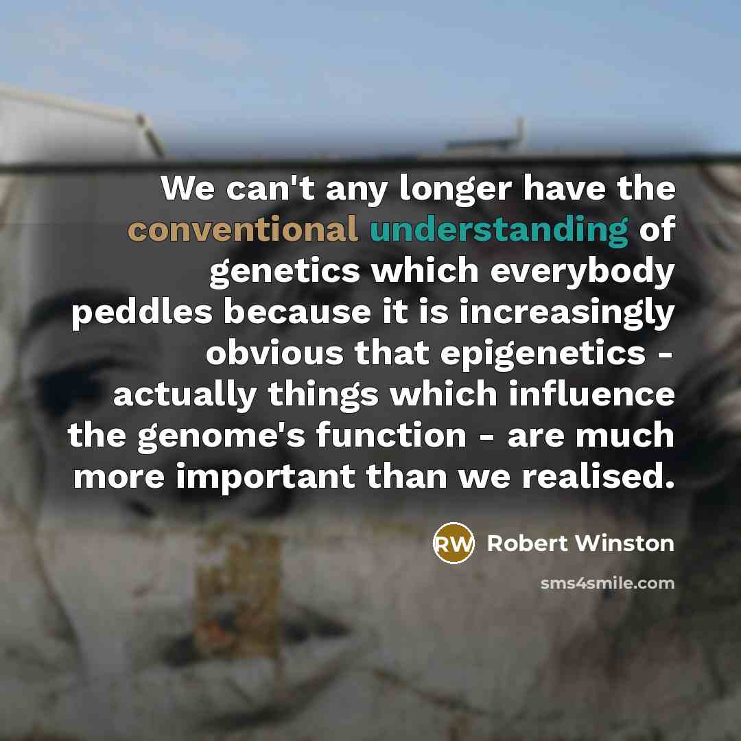“We can't any longer have the conventional understanding of genetics which everybody peddles because it is increasingly obvious that epigenetics - actually things which influence the genome's function - are much more important than we realised.” quote by Robert Winston