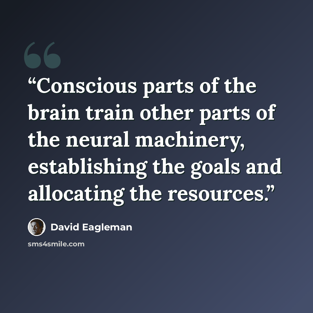 “Conscious parts of the brain train other parts of the neural machinery, establishing the goals and allocating the resources.” quote by David Eagleman