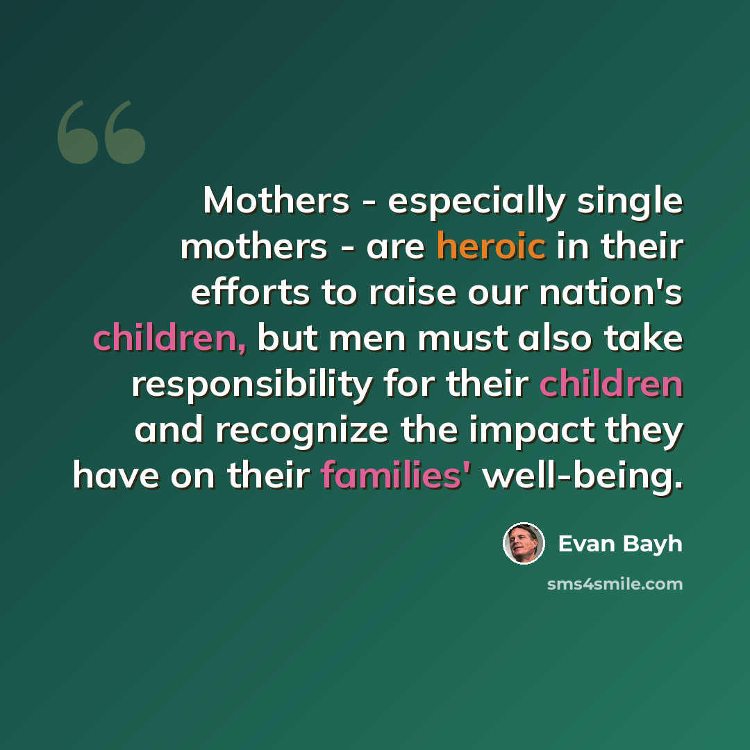 “Mothers - especially single mothers - are heroic in their efforts to raise our nation's children, but men must also take responsibility for their children and recognize the impact they have on their families' well-being.” quote by Evan Bayh