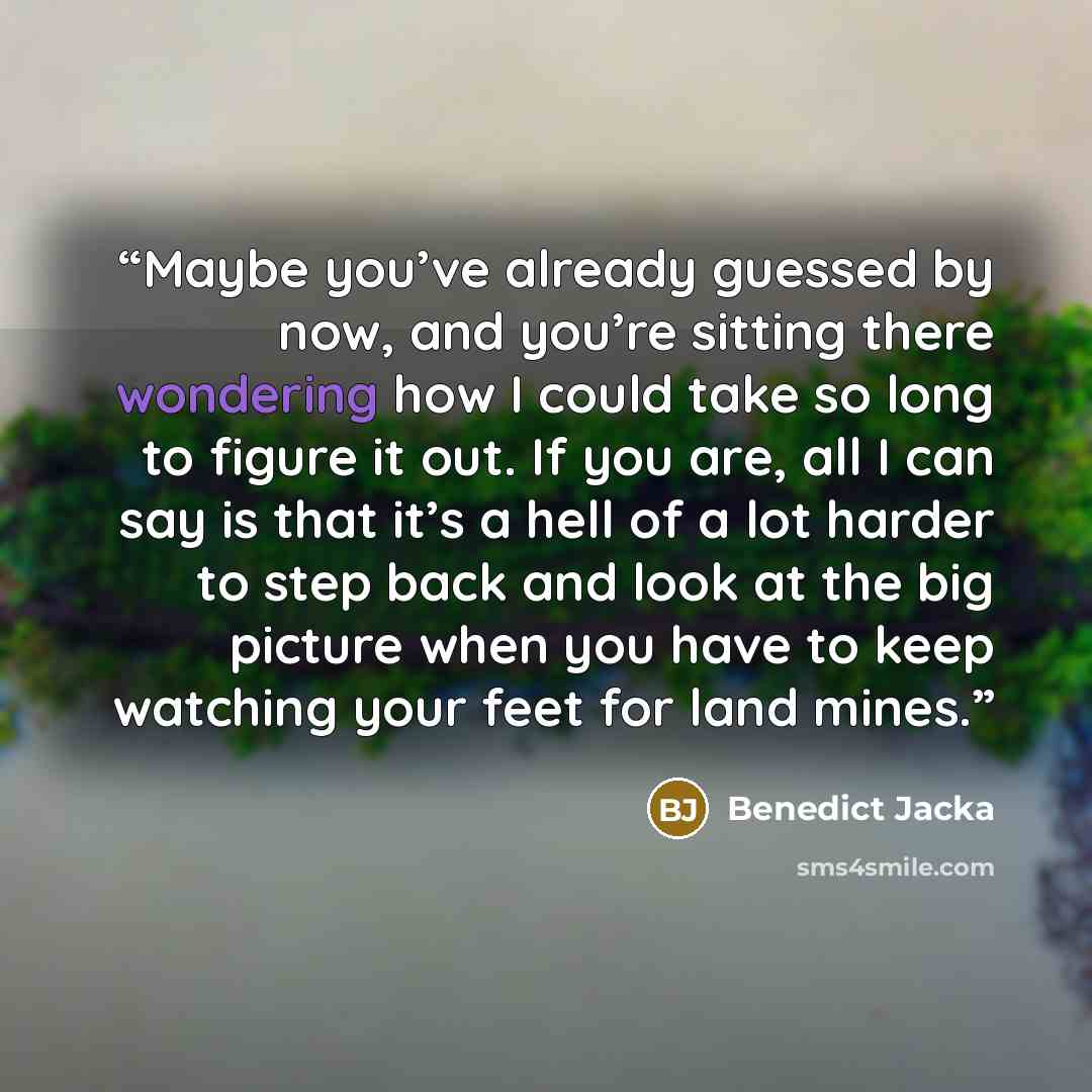“Maybe you’ve already guessed by now, and you’re sitting there wondering how I could take so long to figure it out. If you are, all I can say is that it’s a hell of a lot harder to step back and look at the big picture when you have to keep watching your feet for land mines.” quote by Benedict Jacka