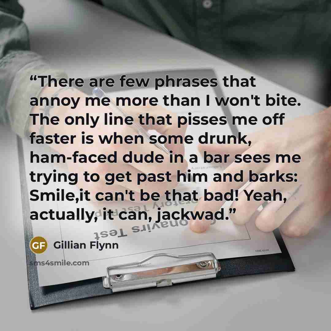 “There are few phrases that annoy me more than I won't bite. The only line that pisses me off faster is when some drunk, ham-faced dude in a bar sees me trying to get past him and barks: Smile,it can't be that bad! Yeah, actually, it can, jackwad.” quote by Gillian Flynn