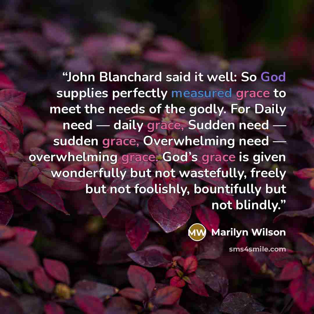 “John Blanchard said it well: So God supplies perfectly measured grace to meet the needs of the godly. For Daily need — daily grace, Sudden need — sudden grace, Overwhelming need — overwhelming grace. God’s grace is given wonderfully but not wastefully, freely but not foolishly, bountifully but not…” quote by Marilyn Wilson