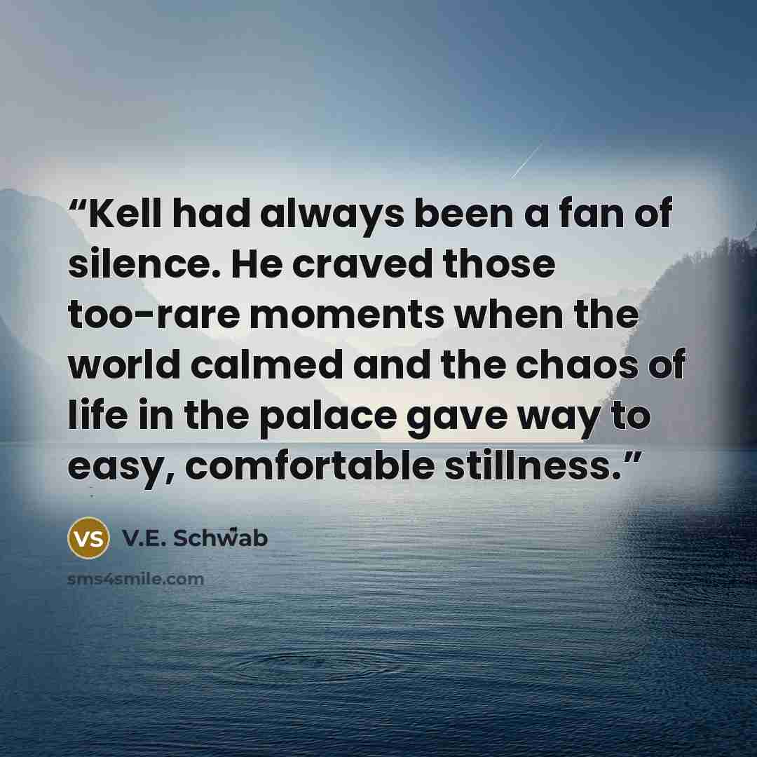 “Kell had always been a fan of silence. He craved those too-rare moments when the world calmed and the chaos of life in the palace gave way to easy, comfortable stillness.” quote by V.E. Schwab