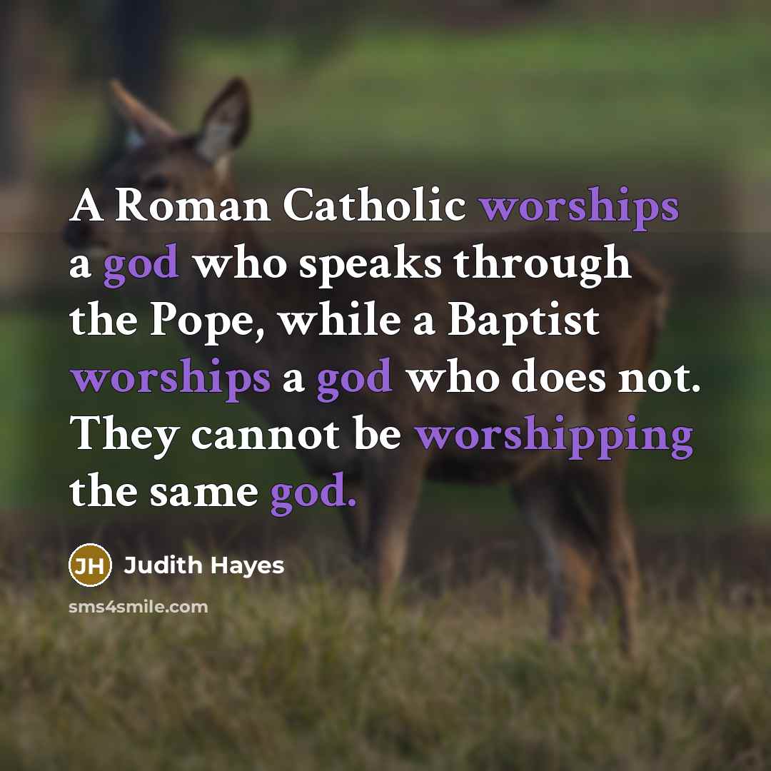 “A Roman Catholic worships a god who speaks through the Pope, while a Baptist worships a god who does not. They cannot be worshipping the same god.” quote by Judith Hayes