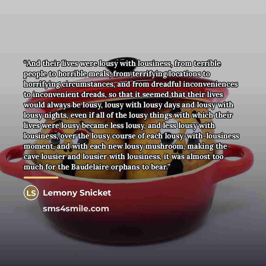 “And their lives were lousy with lousiness, from terrible people to horrible meals, from terrifying locations to horrifying circumstances, and from dreadful inconveniences to inconvenient dreads, so that it seemed that their lives would always be lousy, lousy with lousy days and lousy with lousy…” quote by Lemony Snicket