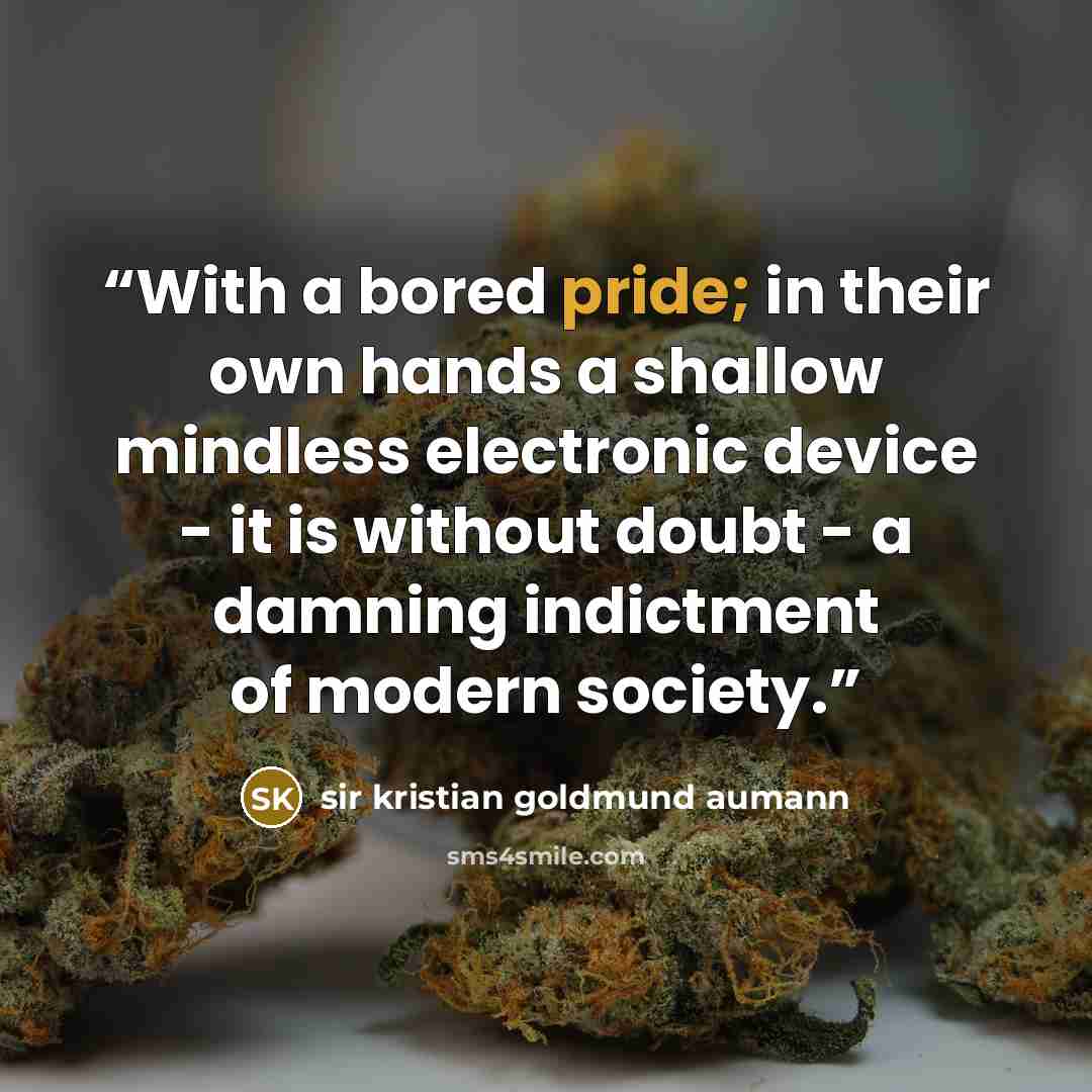 “With a bored pride; in their own hands a shallow mindless electronic device - it is without doubt - a damning indictment of modern society.” quote by sir kristian goldmund aumann