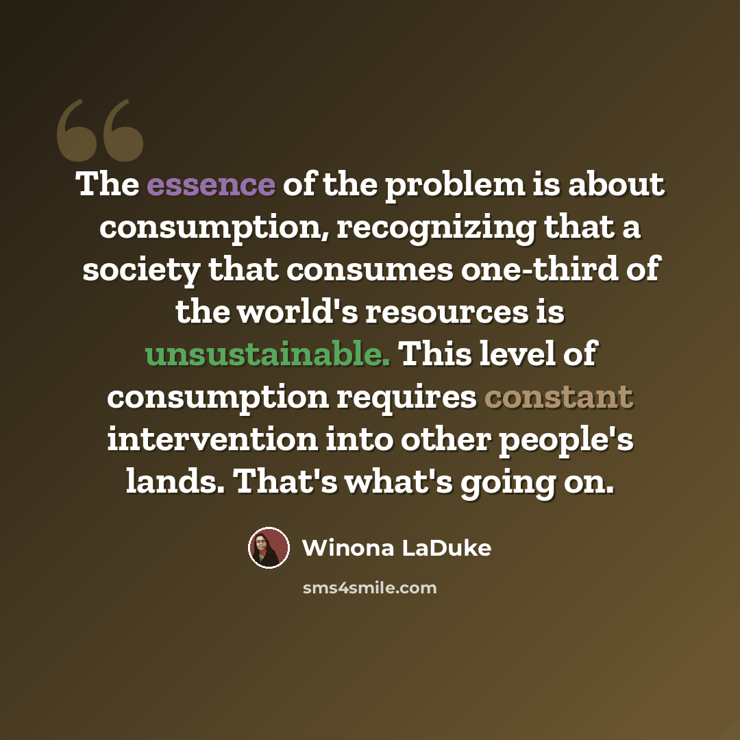 “The essence of the problem is about consumption, recognizing that a society that consumes one-third of the world's resources is unsustainable. This level of consumption requires constant intervention into other people's lands. That's what's going on.” quote by Winona LaDuke