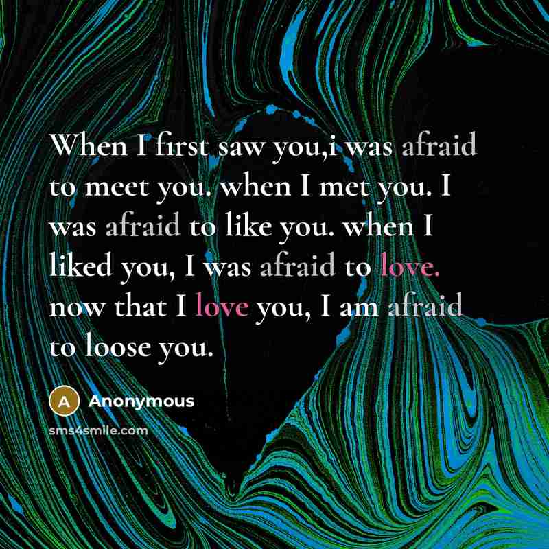 “When I first saw you,i was afraid to meet you. when I met you. I was afraid to like you. when I liked you, I was afraid to love. now that I love you, I am afraid to loose you.” quote by Anonymous