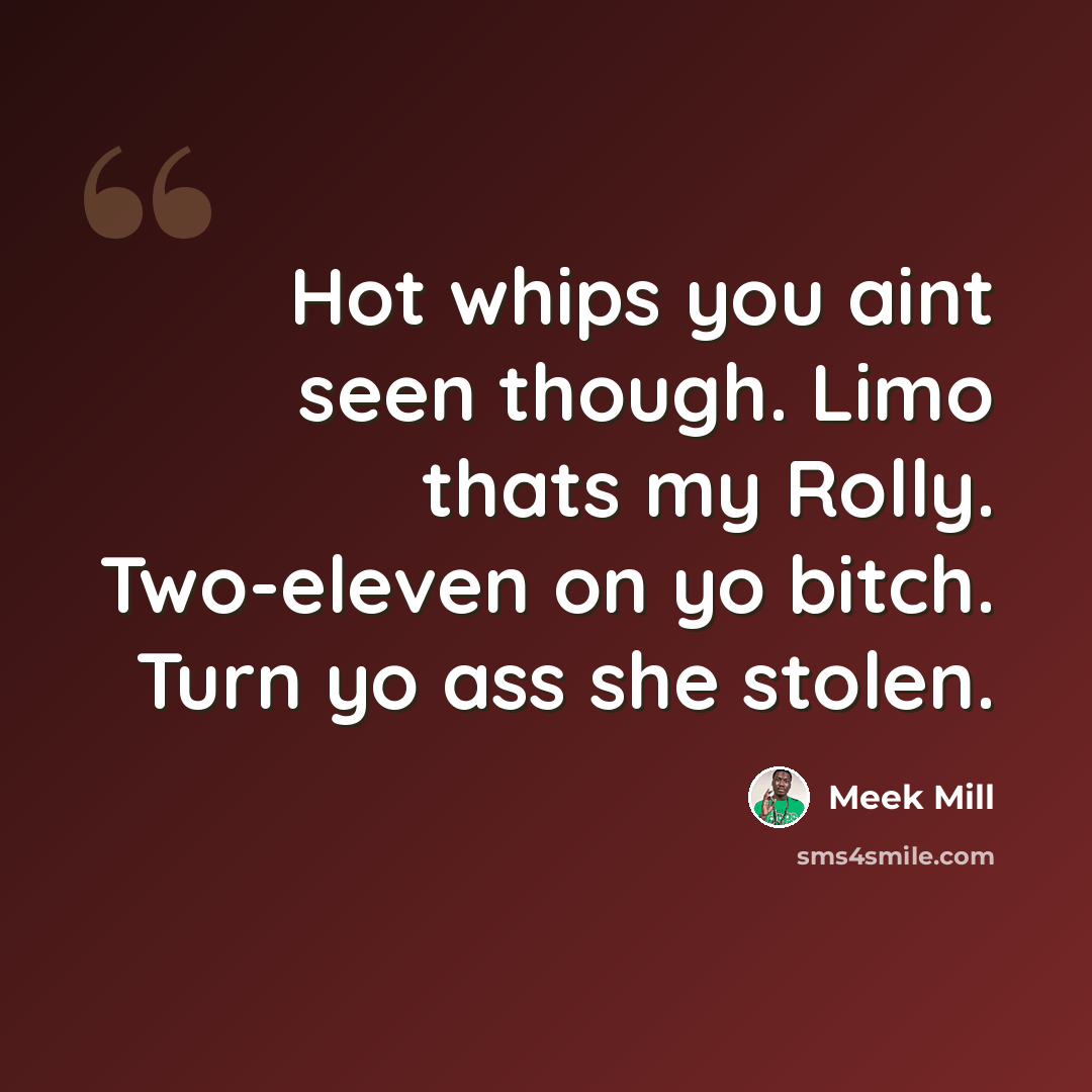 “Hot whips you aint seen though. Limo thats my Rolly. Two-eleven on yo bitch. Turn yo ass she stolen.” quote by Meek Mill