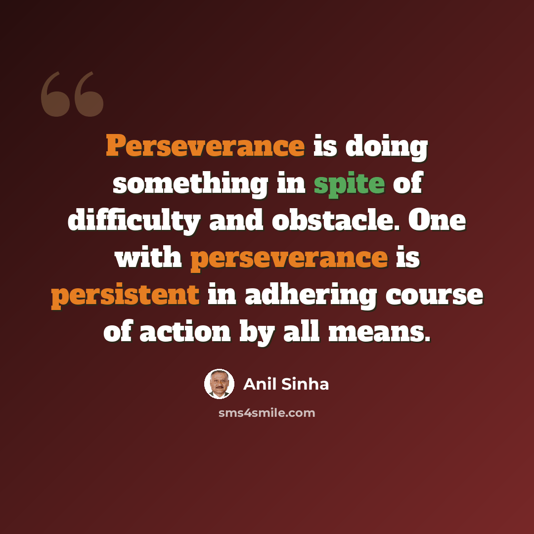 “Perseverance is doing something in spite of difficulty and obstacle. One with perseverance is persistent in adhering course of action by all means.” quote by Anil Sinha
