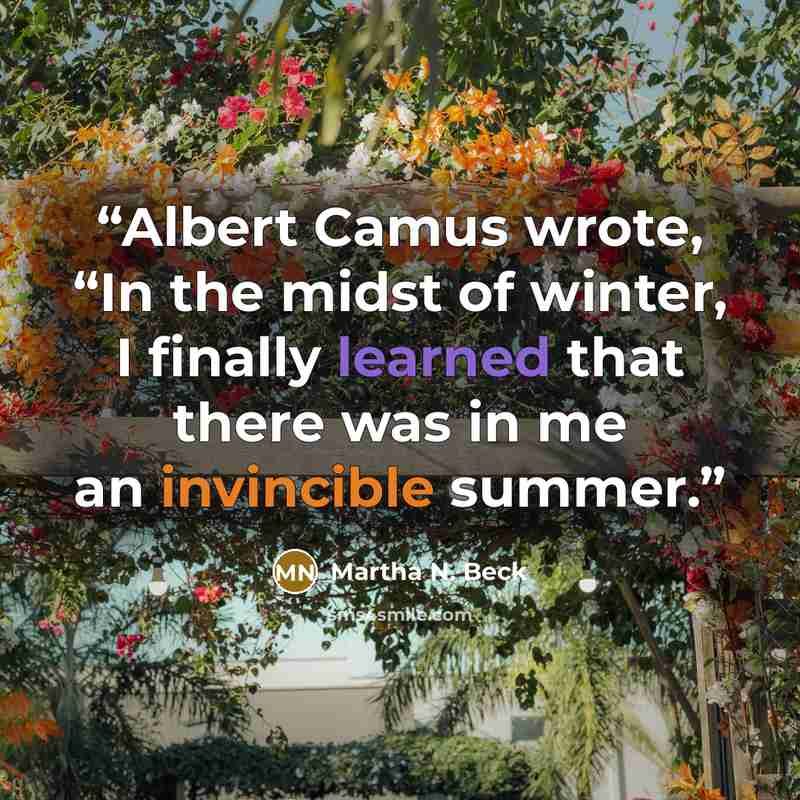 “Albert Camus wrote, “In the midst of winter, I finally learned that there was in me an invincible summer.” quote by Martha N. Beck