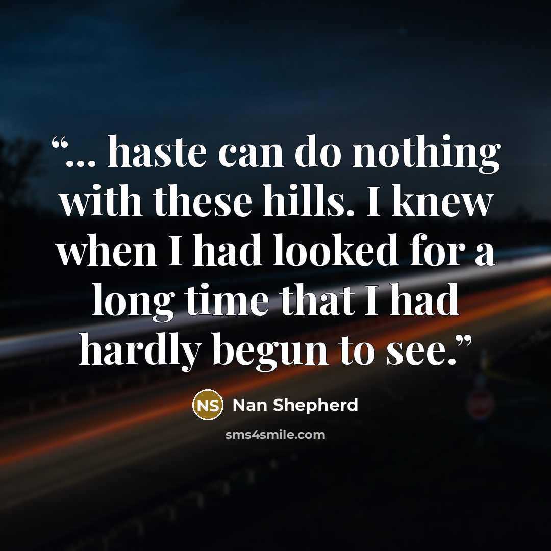 “... haste can do nothing with these hills. I knew when I had looked for a long time that I had hardly begun to see.” quote by Nan Shepherd