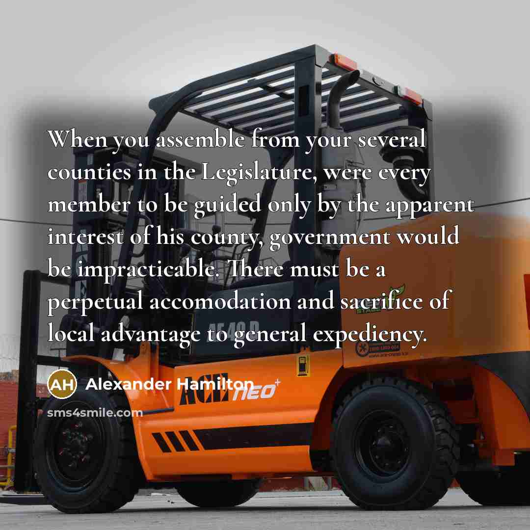 “When you assemble from your several counties in the Legislature, were every member to be guided only by the apparent interest of his county, government would be impracticable. There must be a perpetual accomodation and sacrifice of local advantage to general expediency.” quote by Alexander Hamilton