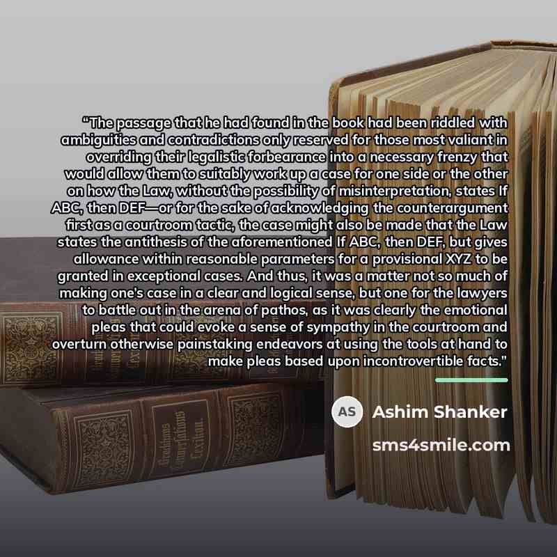 “The passage that he had found in the book had been riddled with ambiguities and contradictions only reserved for those most valiant in overriding their legalistic forbearance into a necessary frenzy that would allow them to suitably work up a case for one side or the other on how the Law, without…” quote by Ashim Shanker