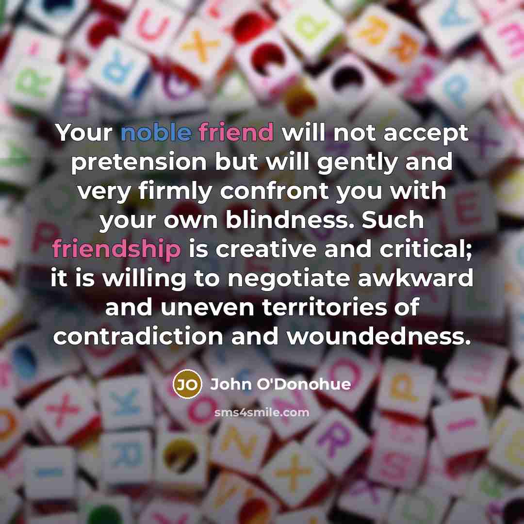 “Your noble friend will not accept pretension but will gently and very firmly confront you with your own blindness. Such friendship is creative and critical; it is willing to negotiate awkward and uneven territories of contradiction and woundedness.” quote by John O'Donohue