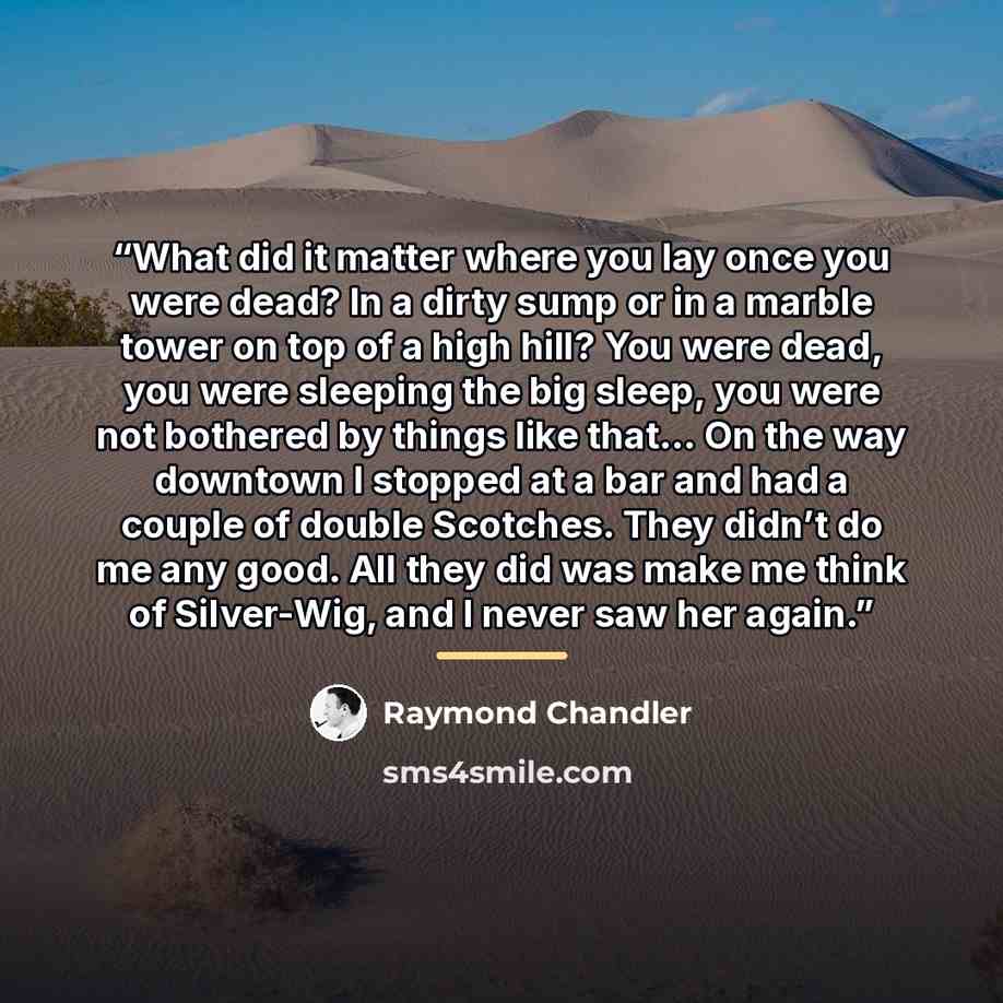 “What did it matter where you lay once you were dead? In a dirty sump or in a marble tower on top of a high hill? You were dead, you were sleeping the big sleep, you were not bothered by things like that... On the way downtown I stopped at a bar and had a couple of double Scotches. They didn’t do…” quote by Raymond Chandler
