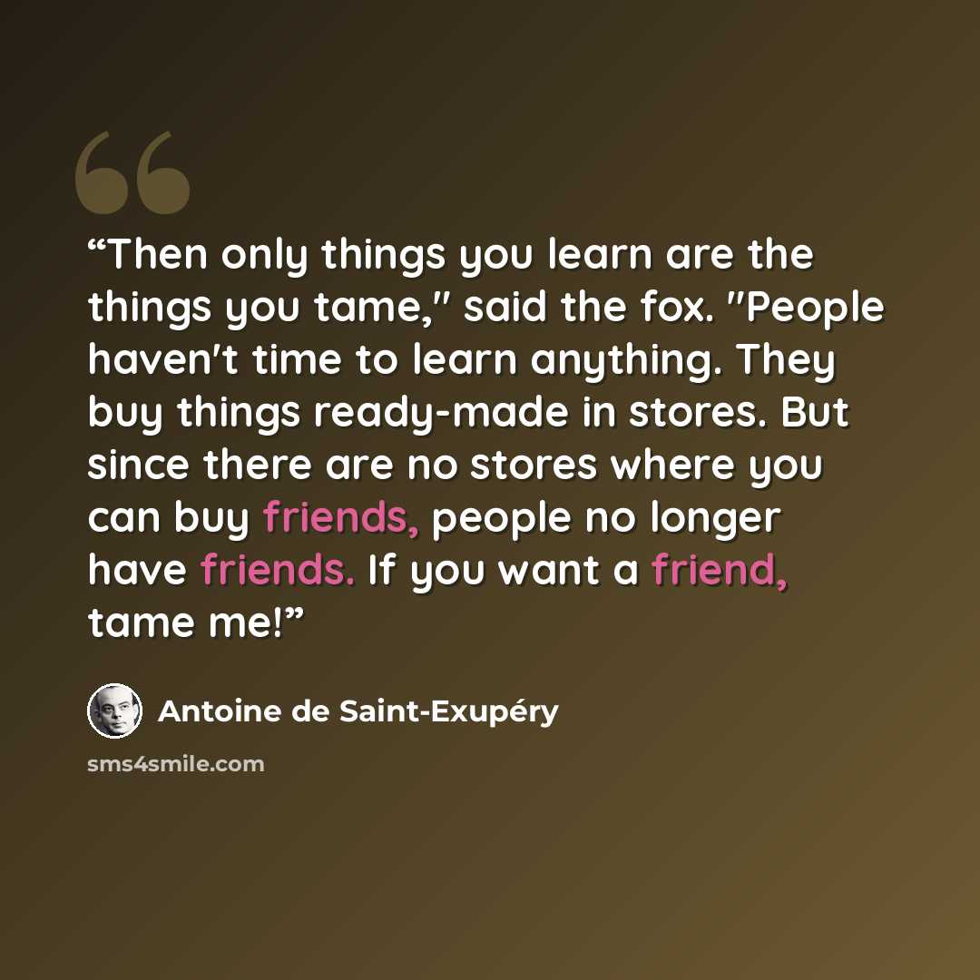 “Then only things you learn are the things you tame," said the fox. "People haven't time to learn anything. They buy things ready-made in stores. But since there are no stores where you can buy friends, people no longer have friends. If you want a friend, tame me!” quote by Antoine de Saint-Exupéry