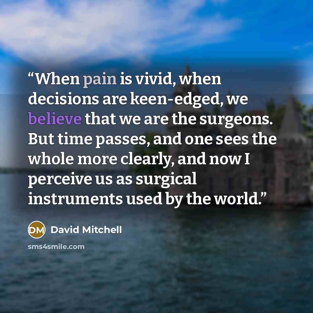 “When pain is vivid, when decisions are keen-edged, we believe that we are the surgeons. But time passes, and one sees the whole more clearly, and now I perceive us as surgical instruments used by the world.” quote by David Mitchell