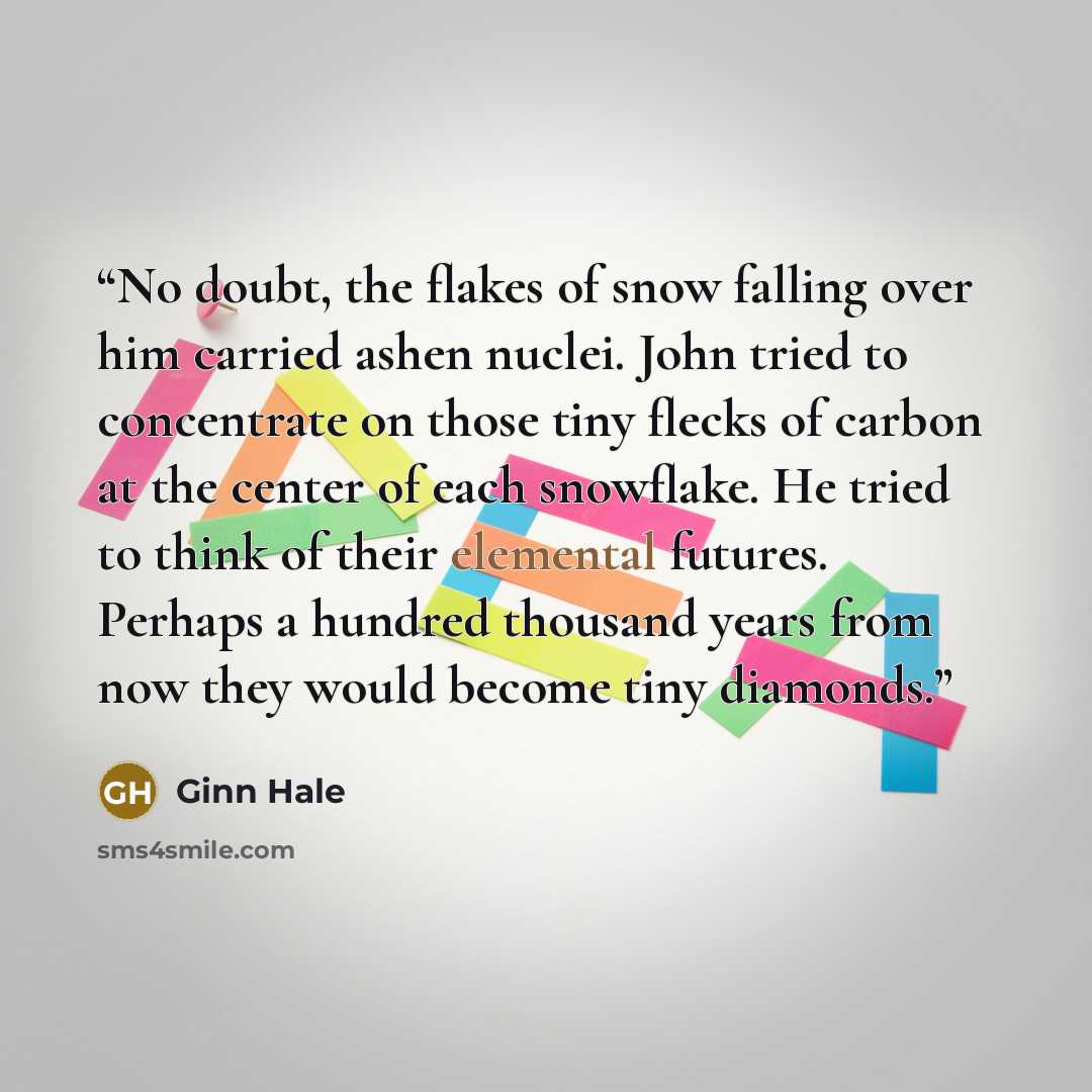 “No doubt, the flakes of snow falling over him carried ashen nuclei. John tried to concentrate on those tiny flecks of carbon at the center of each snowflake. He tried to think of their elemental futures. Perhaps a hundred thousand years from now they would become tiny diamonds.” quote by Ginn Hale
