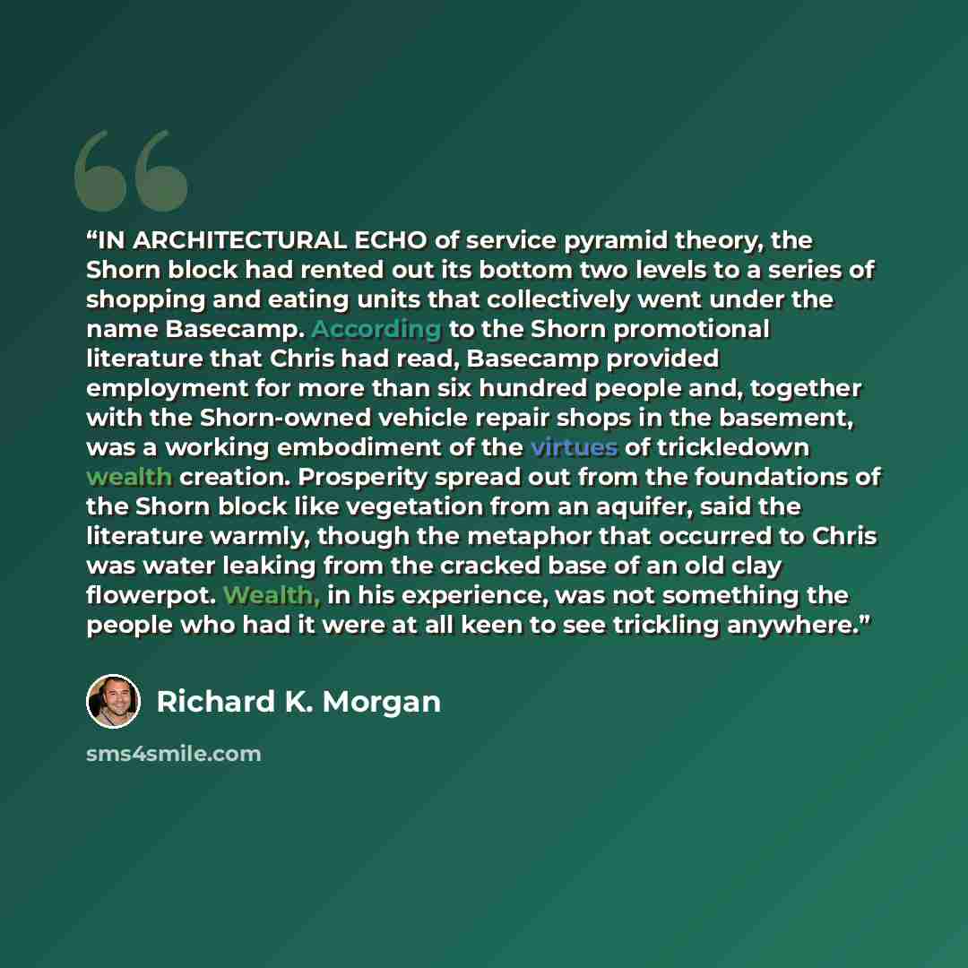 “IN ARCHITECTURAL ECHO of service pyramid theory, the Shorn block had rented out its bottom two levels to a series of shopping and eating units that collectively went under the name Basecamp. According to the Shorn promotional literature that Chris had read, Basecamp provided employment for more…” quote by Richard K. Morgan