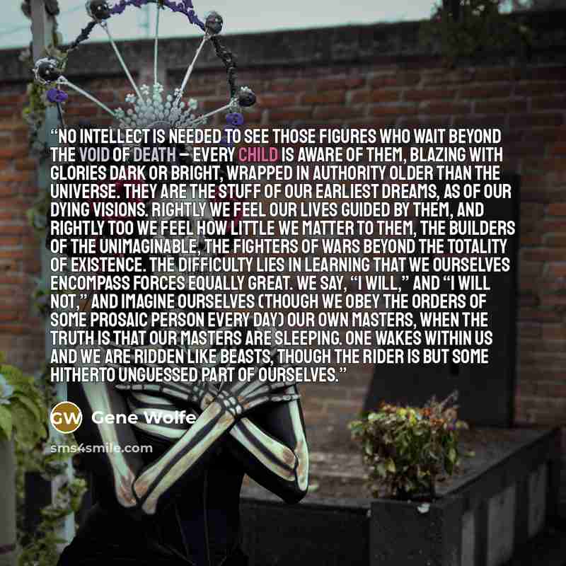 “No intellect is needed to see those figures who wait beyond the void of death – every child is aware of them, blazing with glories dark or bright, wrapped in authority older than the universe. They are the stuff of our earliest dreams, as of our dying visions. Rightly we feel our lives guided by…” quote by Gene Wolfe
