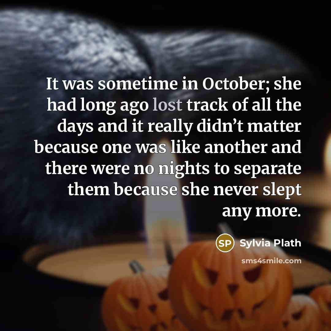 “It was sometime in October; she had long ago lost track of all the days and it really didn’t matter because one was like another and there were no nights to separate them because she never slept any more.” quote by Sylvia Plath