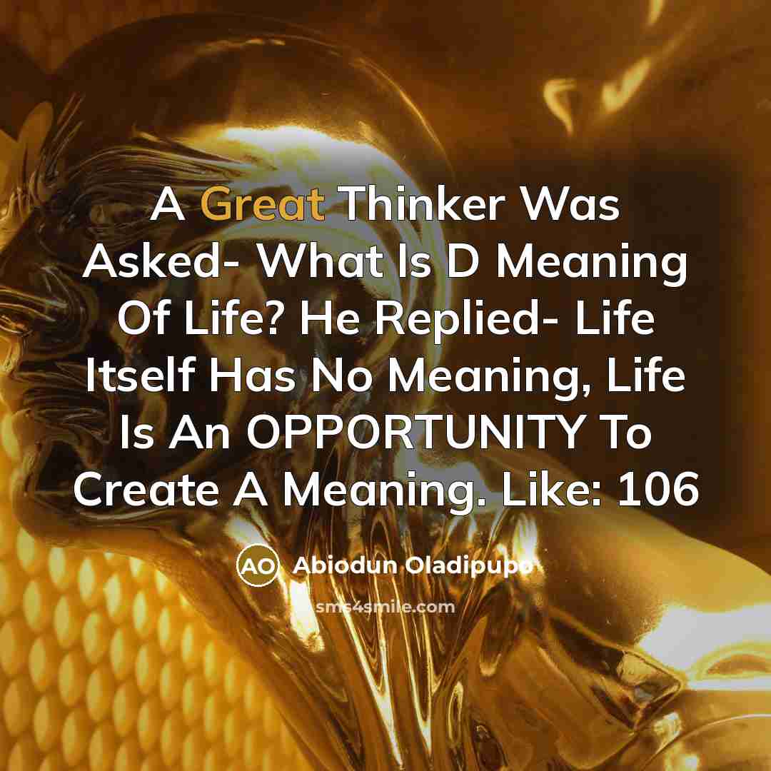 “A Great Thinker Was Asked- What Is D Meaning Of Life? He Replied- Life Itself Has No Meaning, Life Is An OPPORTUNITY To Create A Meaning. Like: 106” quote by Abiodun Oladipupo