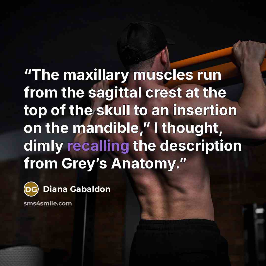 “The maxillary muscles run from the sagittal crest at the top of the skull to an insertion on the mandible,” I thought, dimly recalling the description from Grey’s Anatomy.” quote by Diana Gabaldon