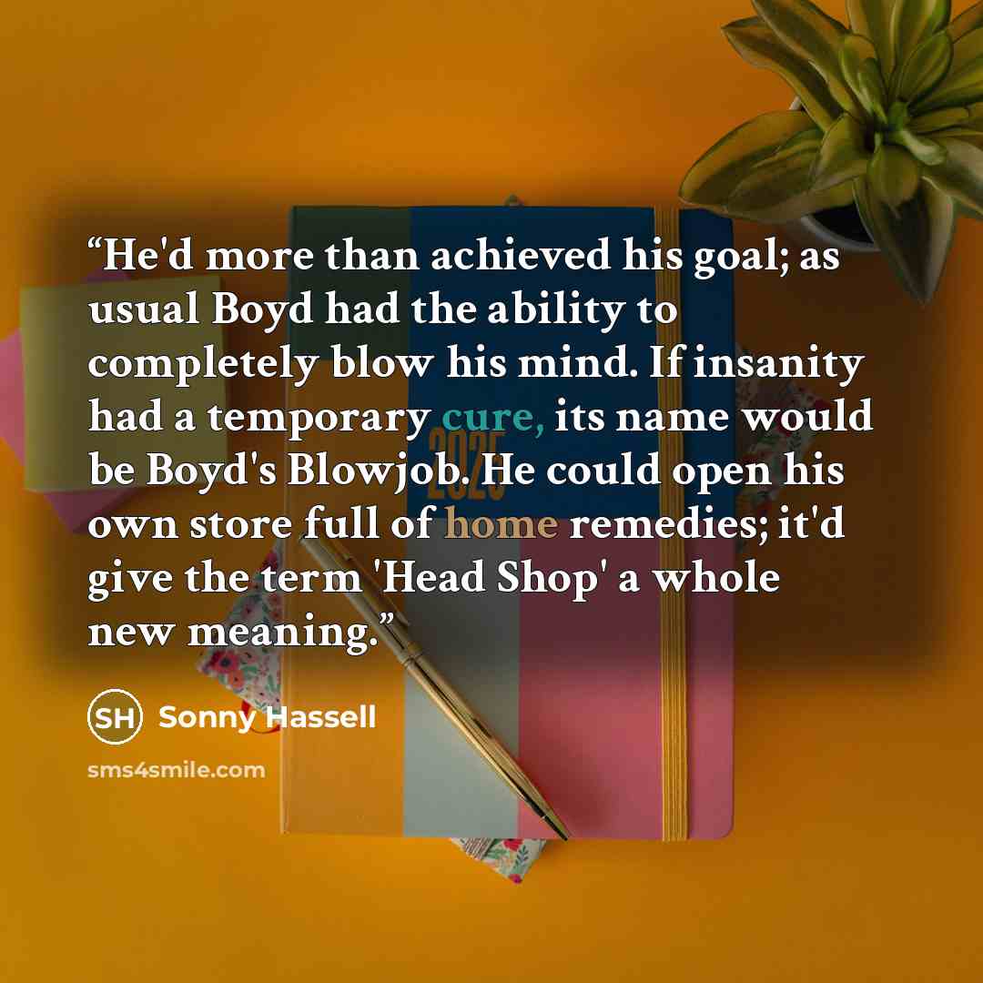 “He'd more than achieved his goal; as usual Boyd had the ability to completely blow his mind. If insanity had a temporary cure, its name would be Boyd's Blowjob. He could open his own store full of home remedies; it'd give the term 'Head Shop' a whole new meaning.” quote by Sonny Hassell