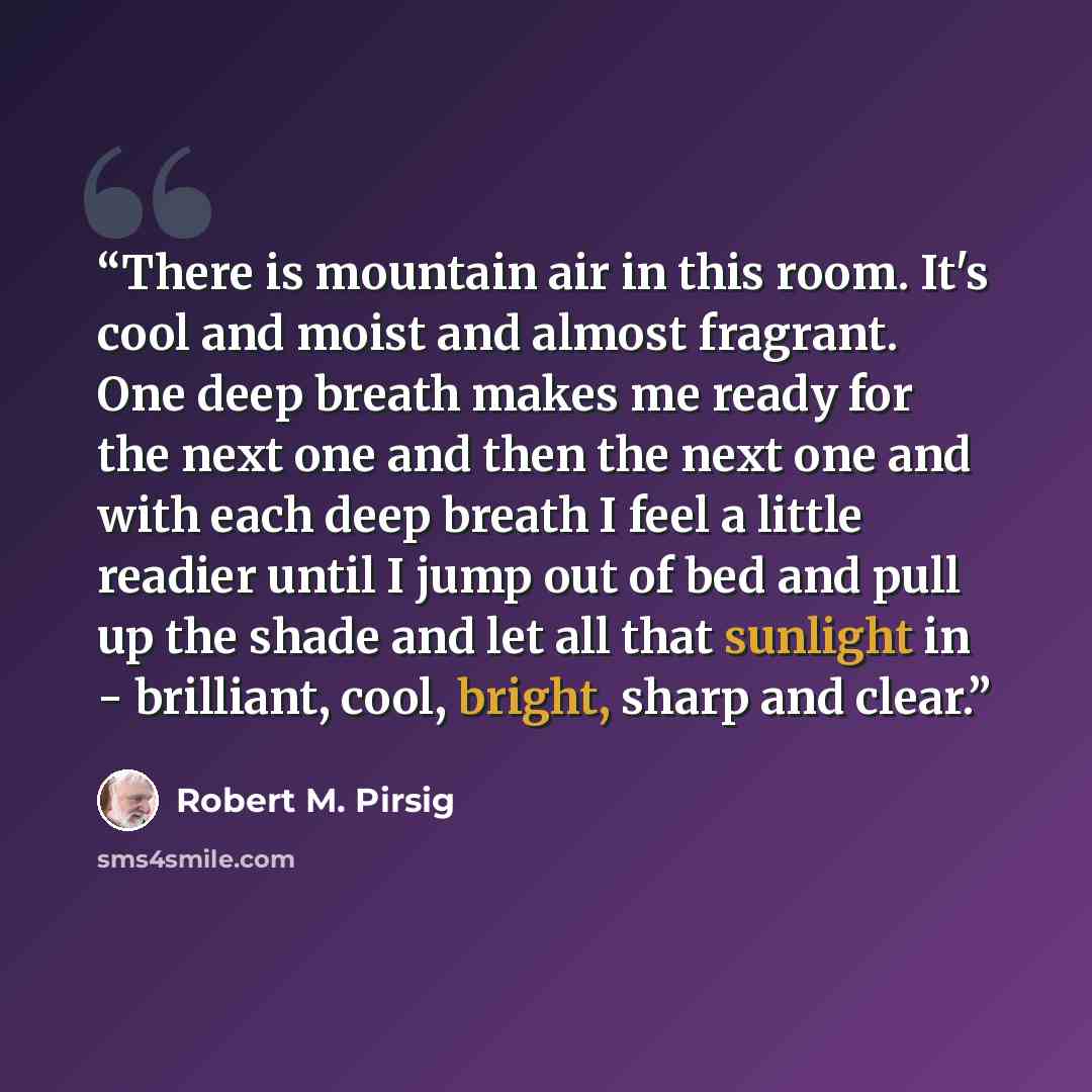 “There is mountain air in this room. It's cool and moist and almost fragrant. One deep breath makes me ready for the next one and then the next one and with each deep breath I feel a little readier until I jump out of bed and pull up the shade and let all that sunlight in - brilliant, cool, bright…” quote by Robert M. Pirsig
