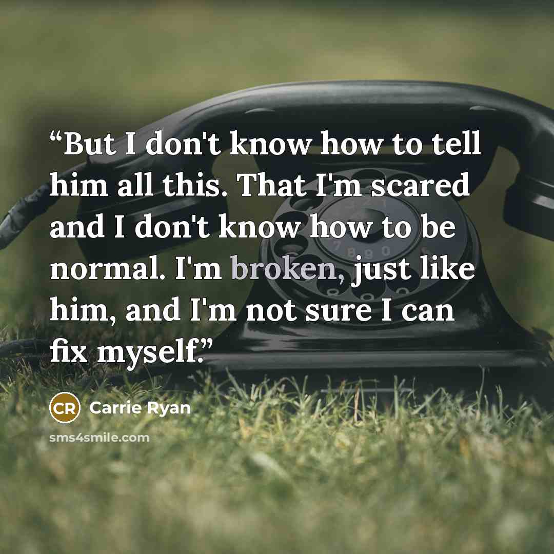 “But I don't know how to tell him all this. That I'm scared and I don't know how to be normal. I'm broken, just like him, and I'm not sure I can fix myself.” quote by Carrie Ryan