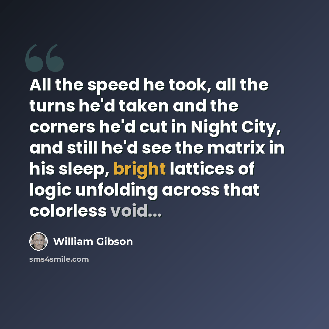 “All the speed he took, all the turns he'd taken and the corners he'd cut in Night City, and still he'd see the matrix in his sleep, bright lattices of logic unfolding across that colorless void...” quote by William Gibson