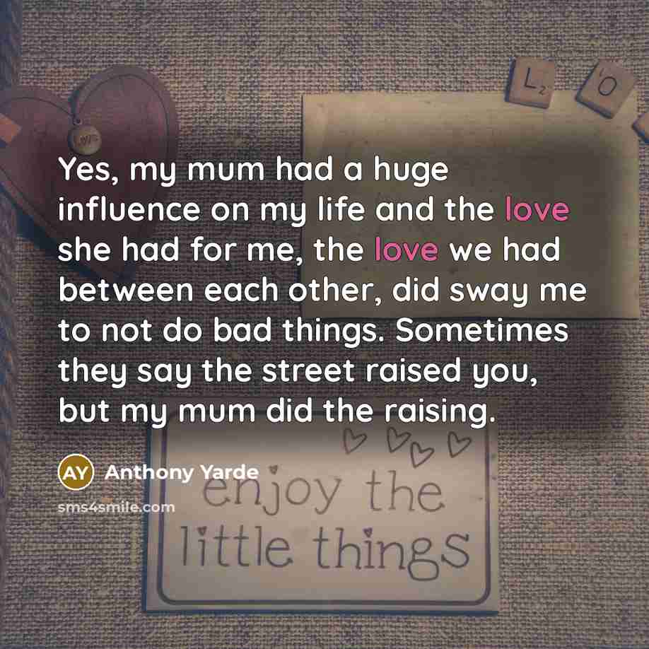 “Yes, my mum had a huge influence on my life and the love she had for me, the love we had between each other, did sway me to not do bad things. Sometimes they say the street raised you, but my mum did the raising.” quote by Anthony Yarde