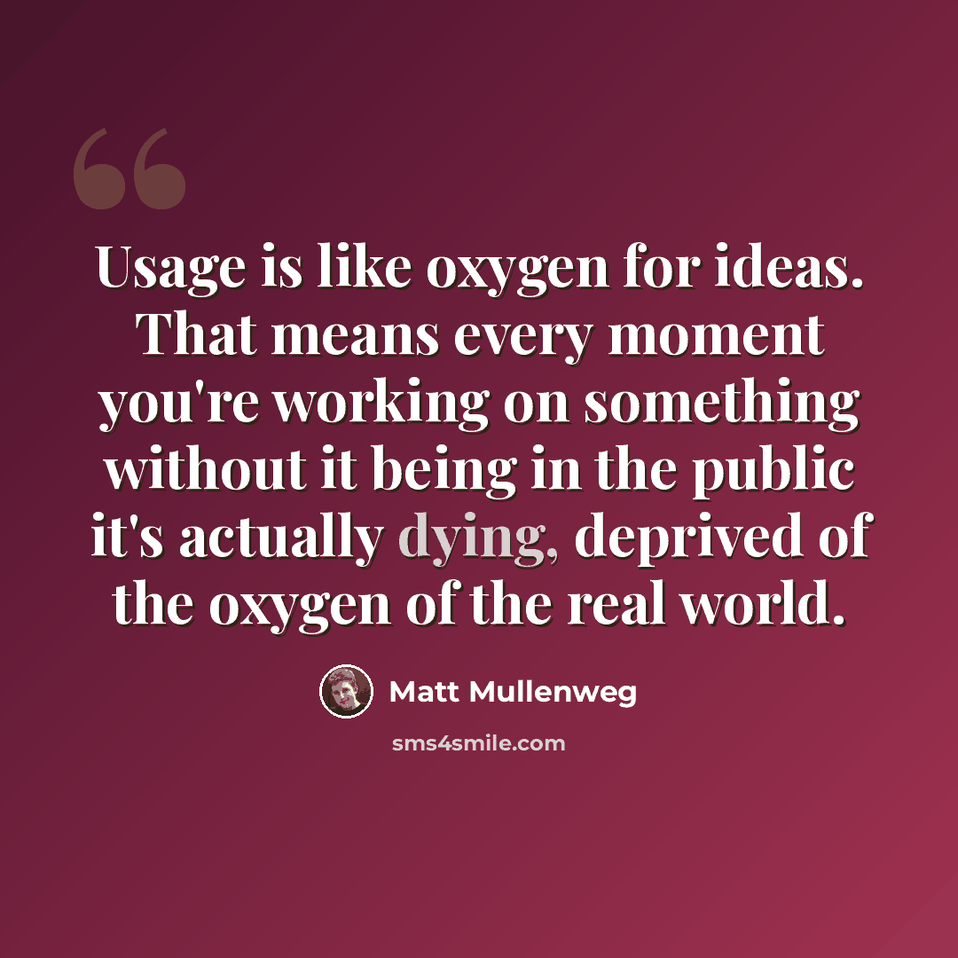 “Usage is like oxygen for ideas. That means every moment you're working on something without it being in the public it's actually dying, deprived of the oxygen of the real world.” quote by Matt Mullenweg