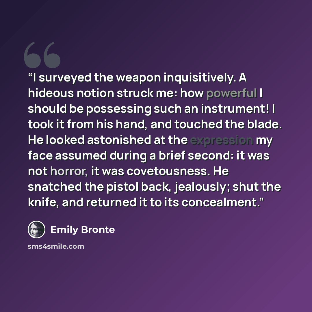 “I surveyed the weapon inquisitively. A hideous notion struck me: how powerful I should be possessing such an instrument! I took it from his hand, and touched the blade. He looked astonished at the expression my face assumed during a brief second: it was not horror, it was covetousness. He snatched…” quote by Emily Brontë