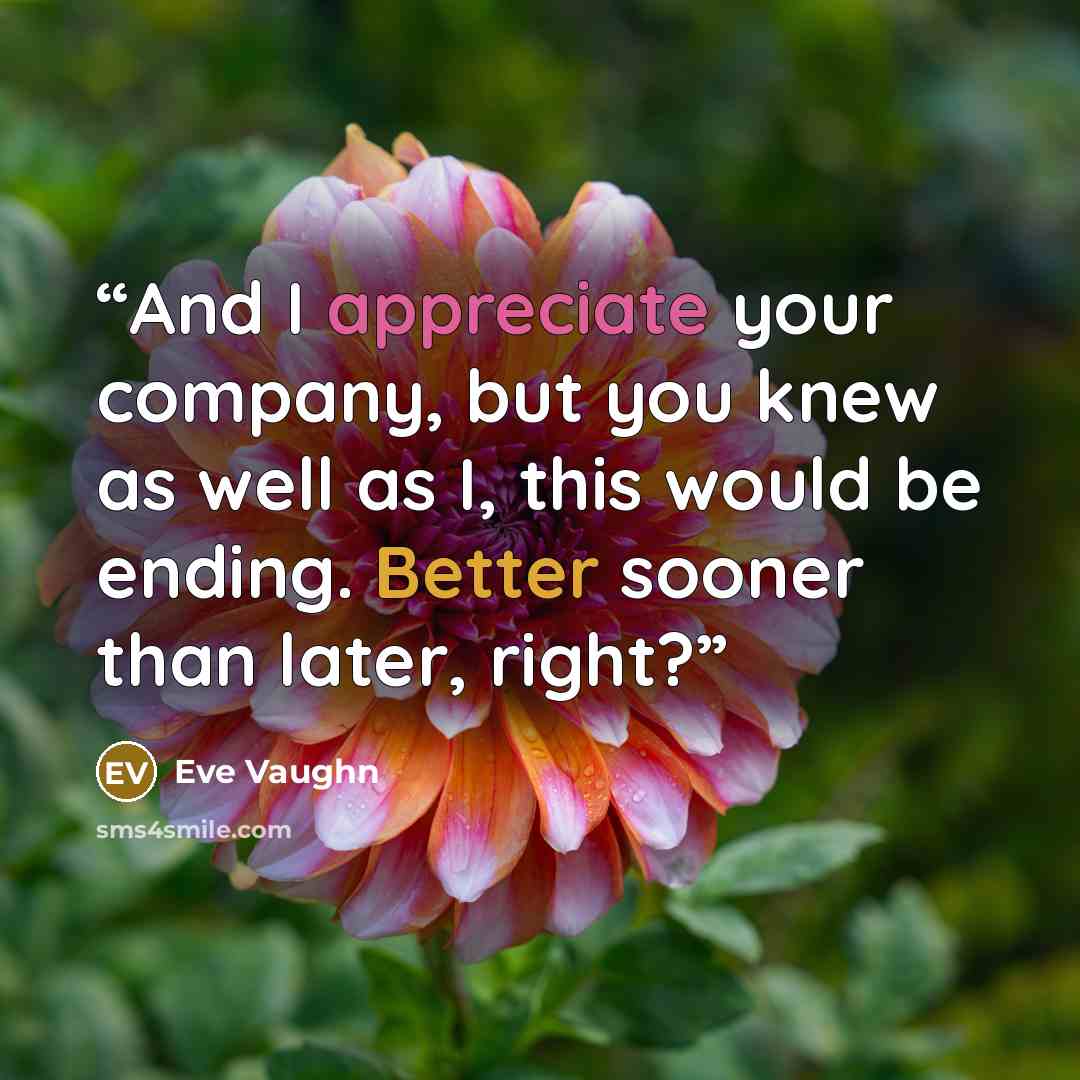 “And I appreciate your company, but you knew as well as I, this would be ending. Better sooner than later, right?” quote by Eve Vaughn