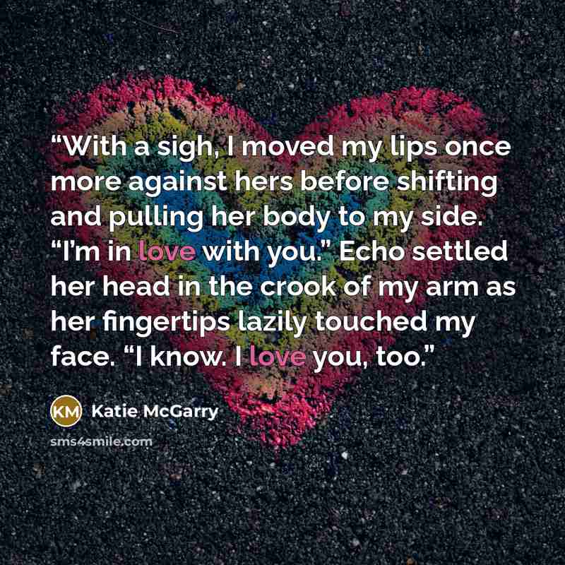 “With a sigh, I moved my lips once more against hers before shifting and pulling her body to my side. “I’m in love with you.” Echo settled her head in the crook of my arm as her fingertips lazily touched my face. “I know. I love you, too.” quote by Katie McGarry