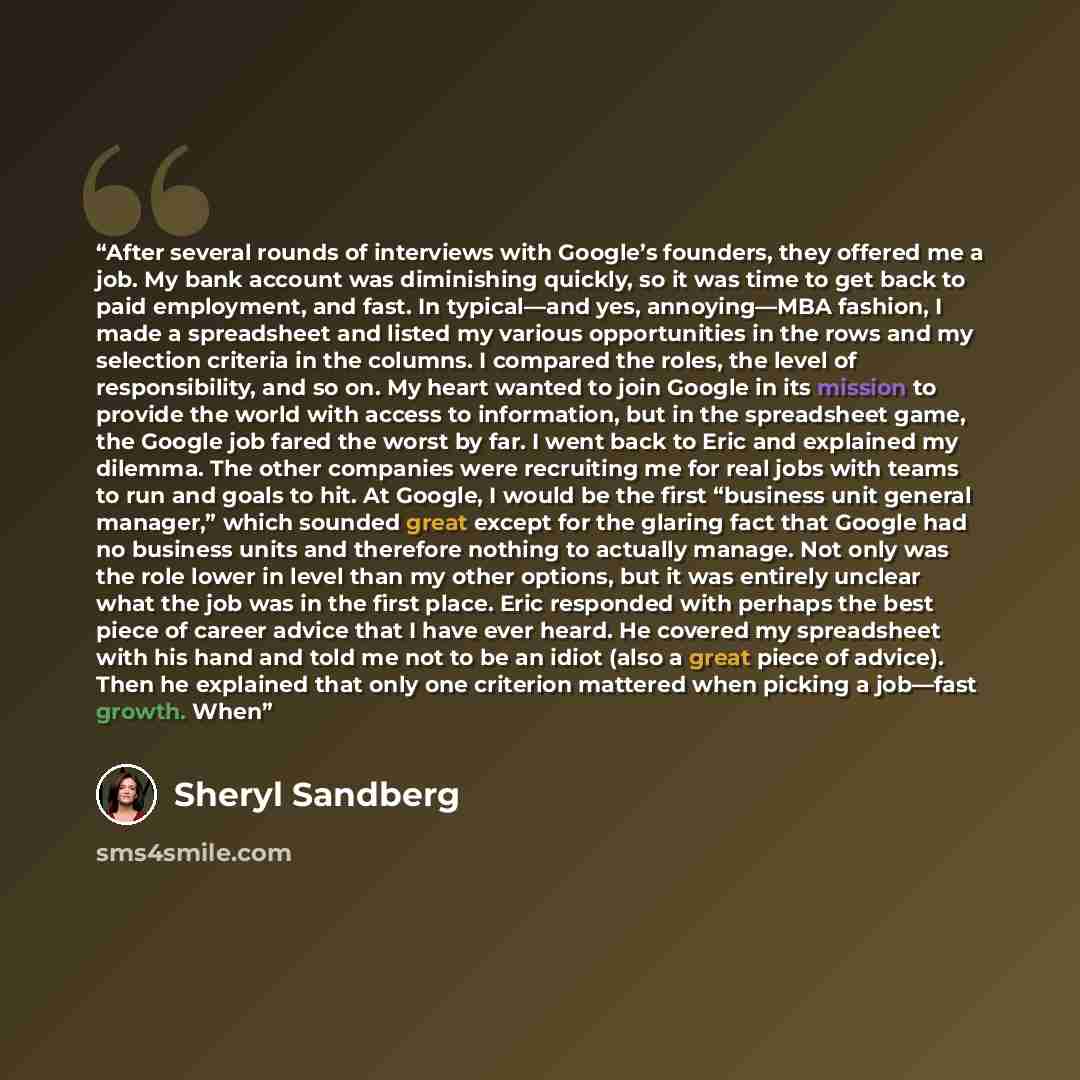 “After several rounds of interviews with Google’s founders, they offered me a job. My bank account was diminishing quickly, so it was time to get back to paid employment, and fast. In typical—and yes, annoying—MBA fashion, I made a spreadsheet and listed my various opportunities in the rows and my…” quote by Sheryl Sandberg