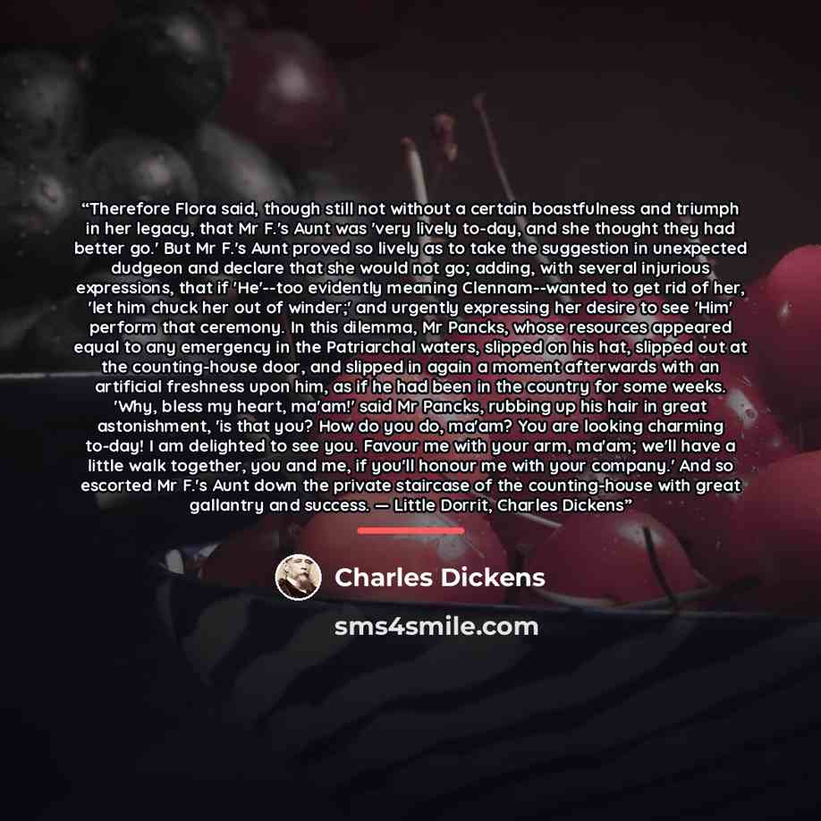 “Therefore Flora said, though still not without a certain boastfulness and triumph in her legacy, that Mr F.'s Aunt was 'very lively to-day, and she thought they had better go.' But Mr F.'s Aunt proved so lively as to take the suggestion in unexpected dudgeon and declare that she would not go…” quote by Charles Dickens
