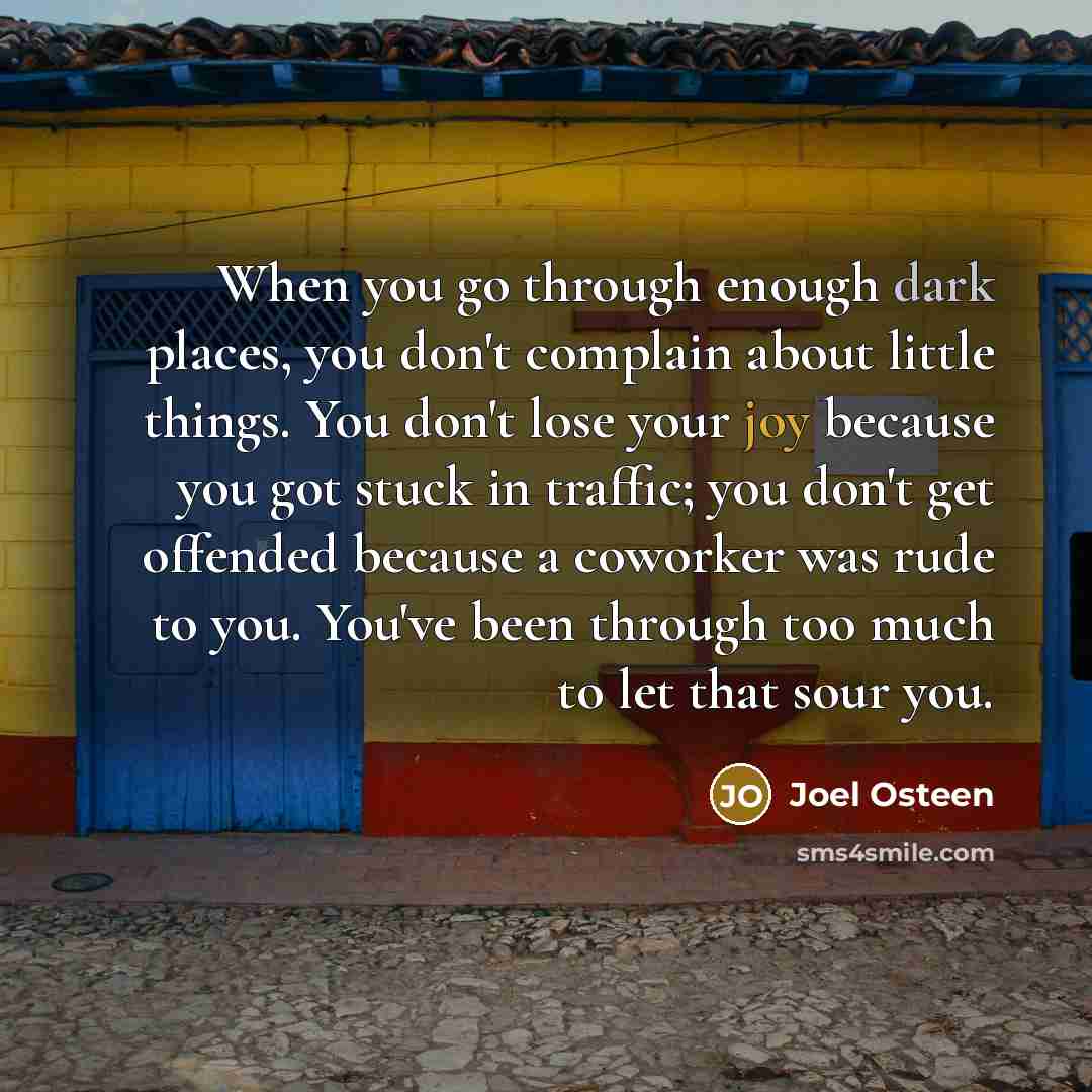 “When you go through enough dark places, you don't complain about little things. You don't lose your joy because you got stuck in traffic; you don't get offended because a coworker was rude to you. You've been through too much to let that sour you.” quote by Joel Osteen
