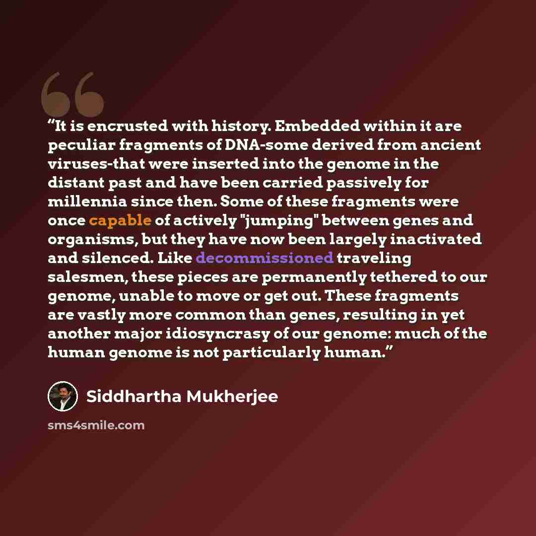 “It is encrusted with history. Embedded within it are peculiar fragments of DNA-some derived from ancient viruses-that were inserted into the genome in the distant past and have been carried passively for millennia since then. Some of these fragments were once capable of actively "jumping" between…” quote by Siddhartha Mukherjee